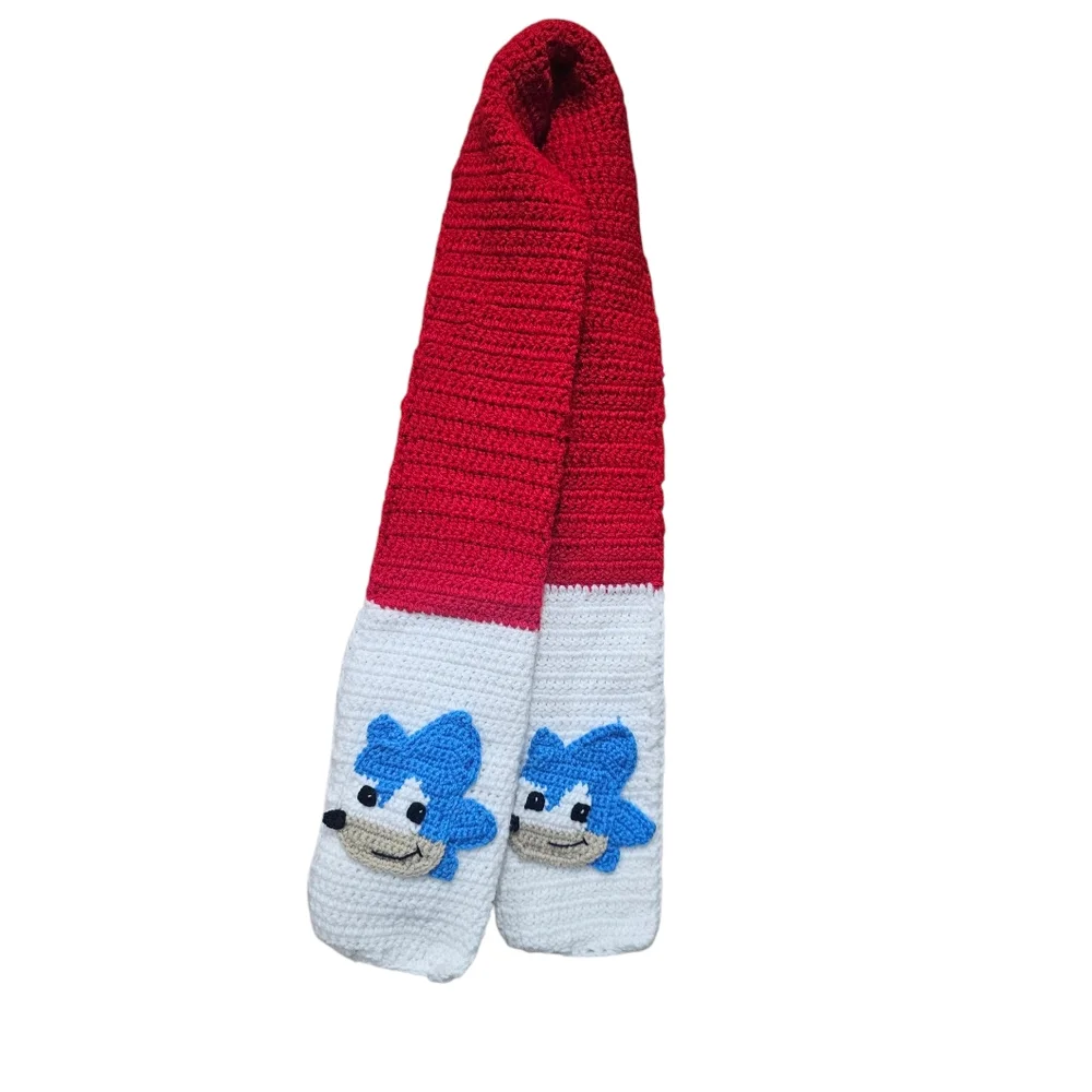 Handmade Red and White Scarf with Blue Character Design Sonic The Hedge Hog